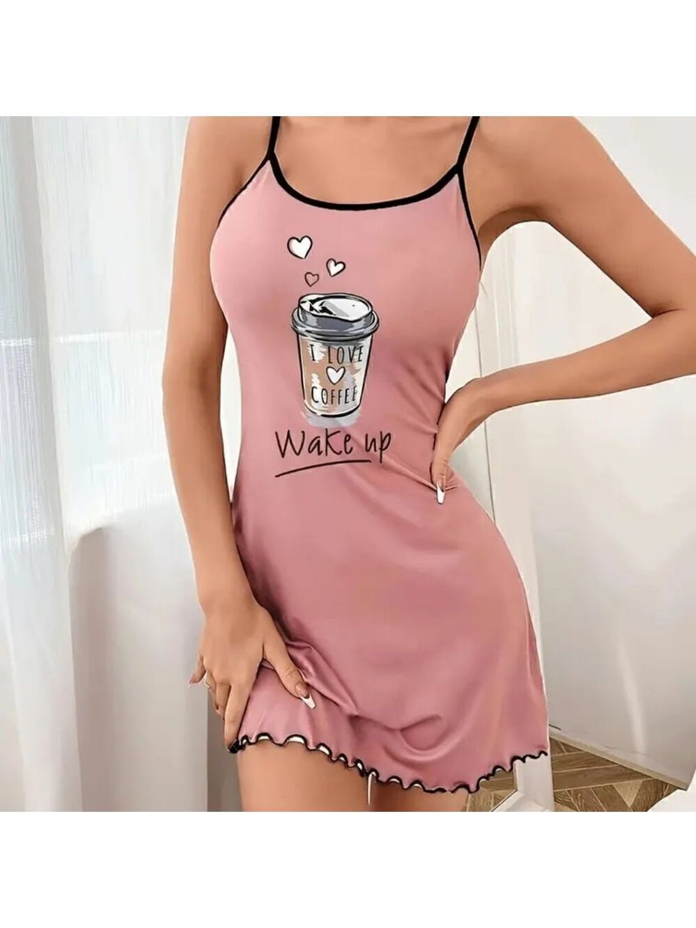 Soft Stretch Nightwear Pink Pajama Dress Wake Up Cut Coffee Print